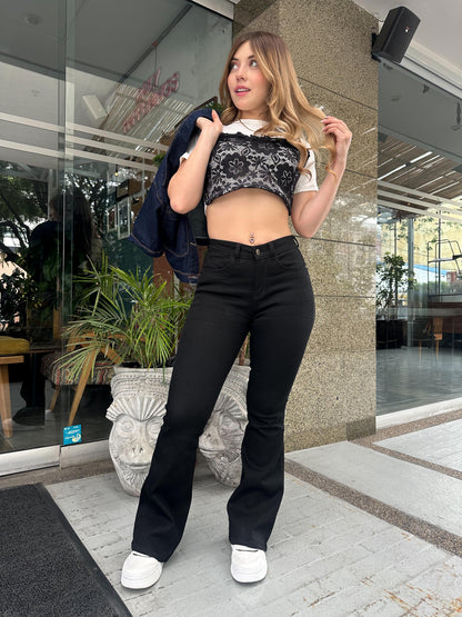 Jean Flare Mujer tiro alto levanta cola tono azul tono negro