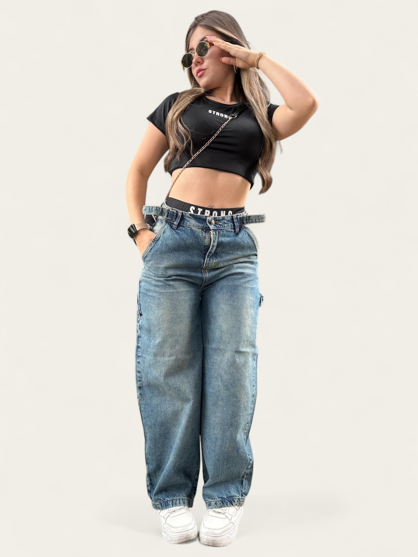 Jean baggy con ajuste de cintura tono verdoso