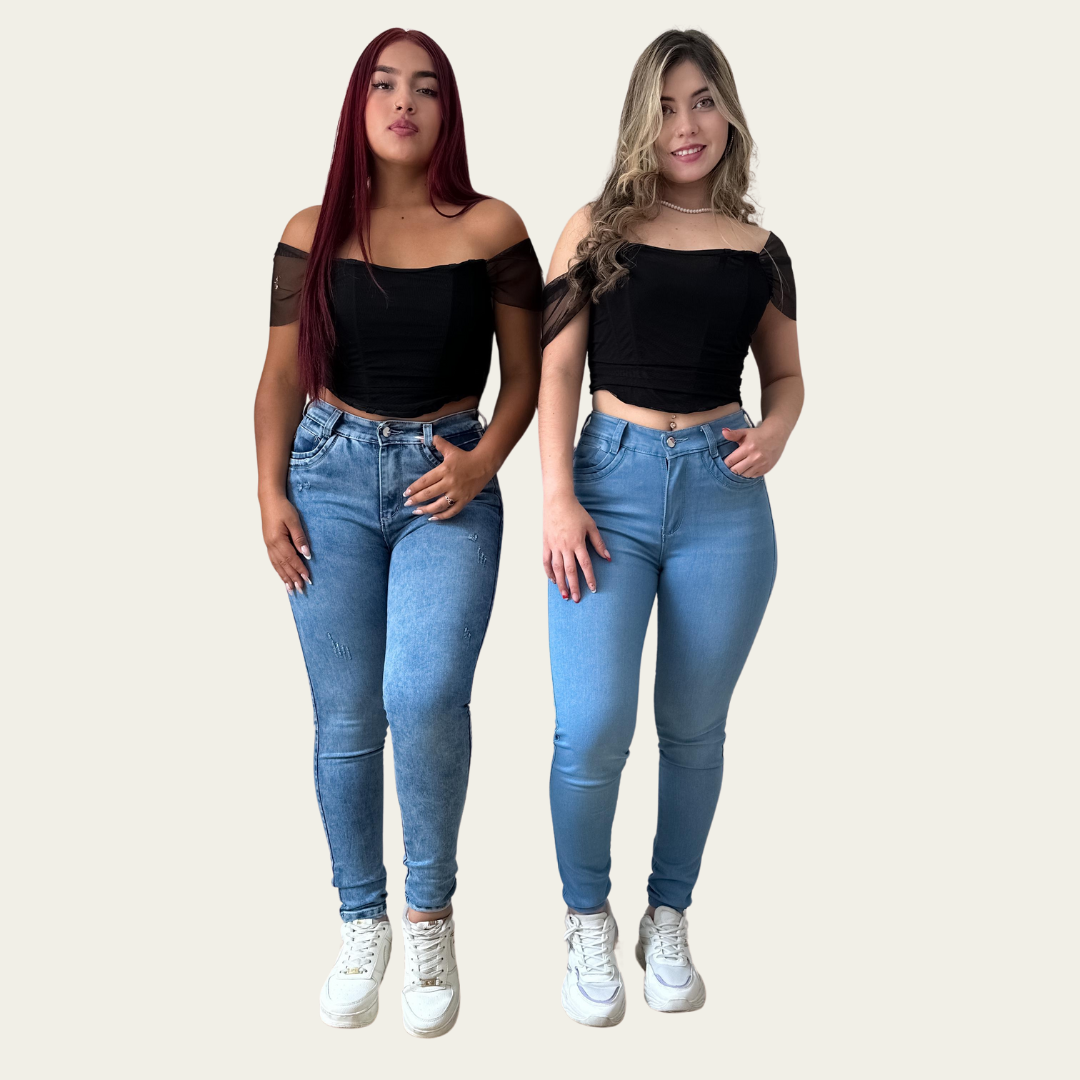 Jean Skinny Mujer stretch tiro alto clasico levanta cola Azul frosteado