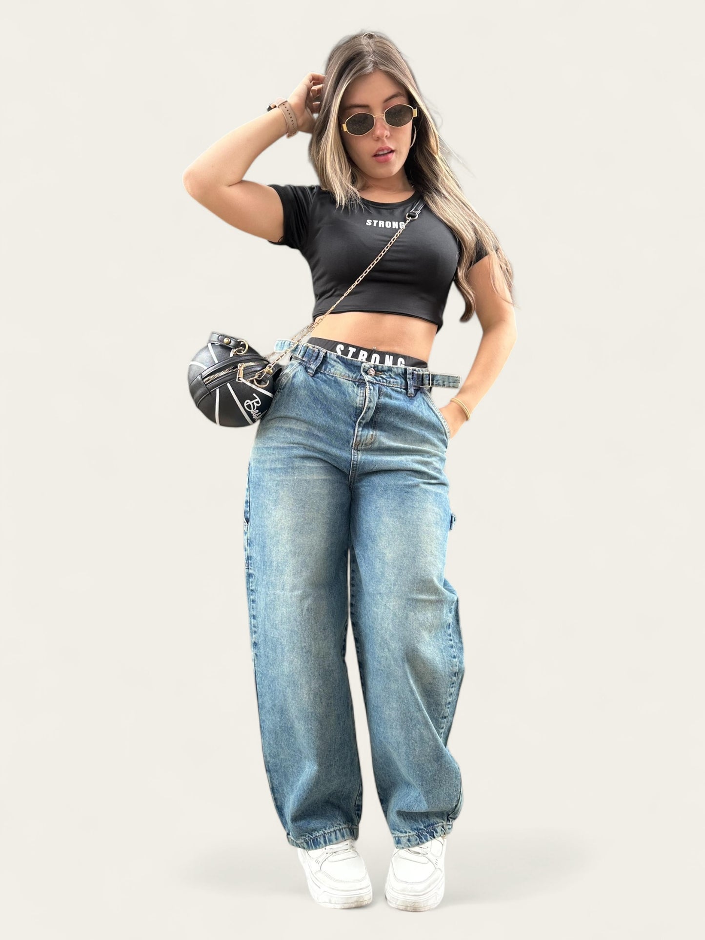 Jean baggy con ajuste de cintura tono verdoso