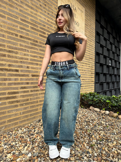 Jean baggy con ajuste de cintura tono verdoso