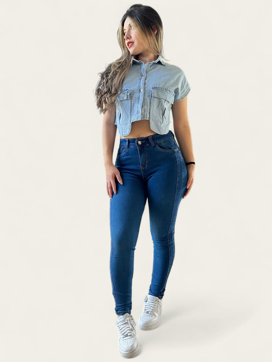 Jean skinny tiro alto mujer strech levanta cola tono azul medio