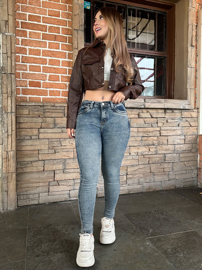 Jean skinny mujer tiro alto levanta cola azul verdoso