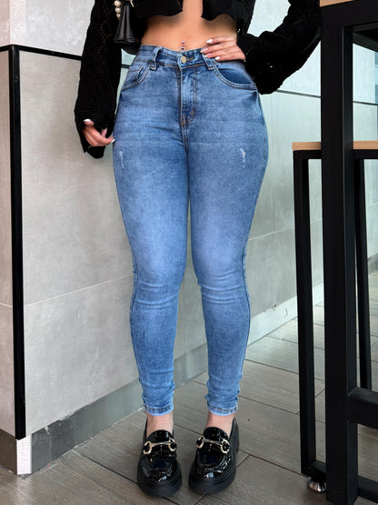 Jean skinny mujer tiro alto levanta cola azul claro