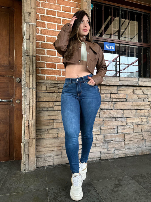 Jean skinny mujer tiro alto levanta cola azul clásico