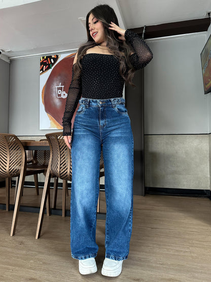 Jean wide leg mujer ajuste cintura azul medio
