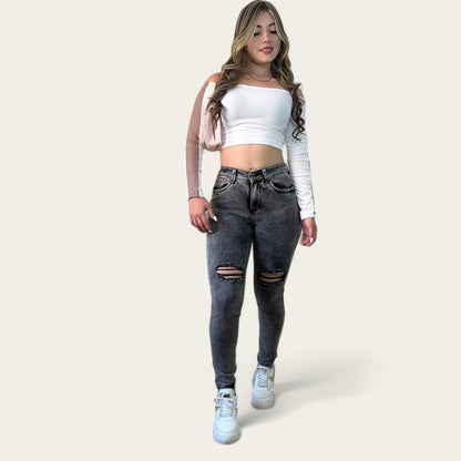 Jean skinny Mujer tiro alto levanta cola gris