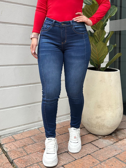 Jean skinny mujer doble costura tiro alto levanta cola azul oscuro