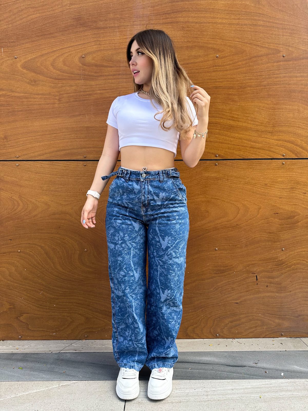 Jean baggy mujer estampado tono azul oscuro