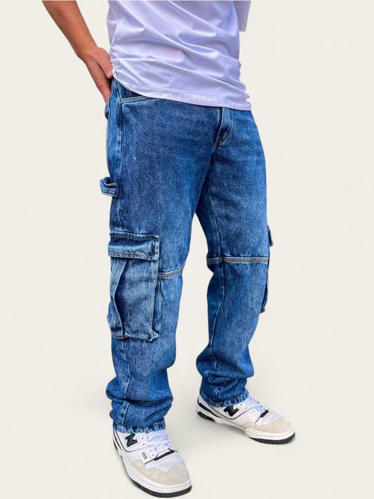 Jean cargo hombre azul medio