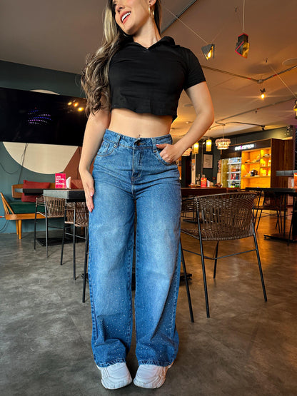 Jean wide leg azul todo brillos