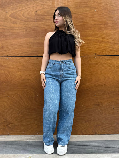 Jean wide leg mujer estampado Rosas