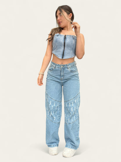Jean wide leg tono azul claro
