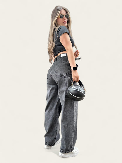Jean baggy con ajuste de cintura tono gris