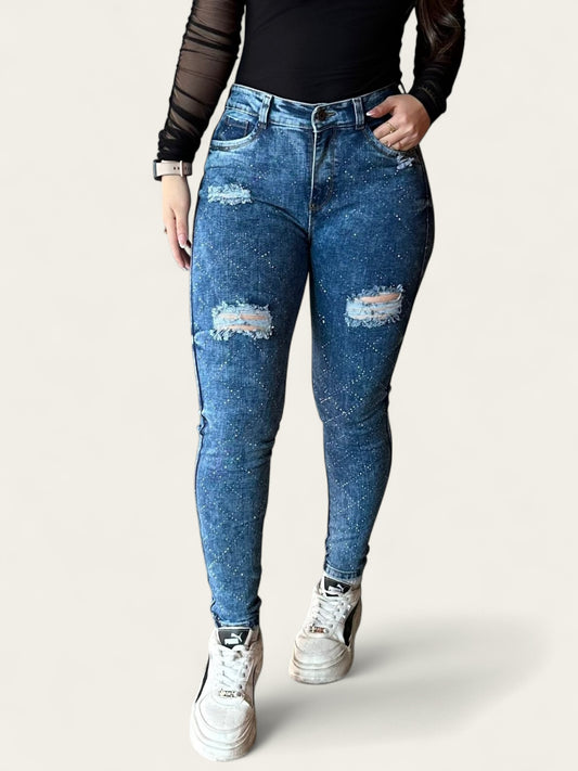 Jean skinny tiro alto stretch y levanta cola con Brillos