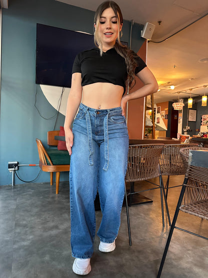 Jean Wide Leg mujer tono azul medio clasico con Correa