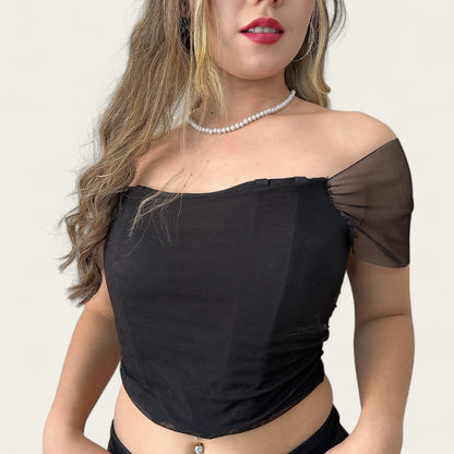 Blusa Mujer tipo corset varillas con diseño en velo tono negro