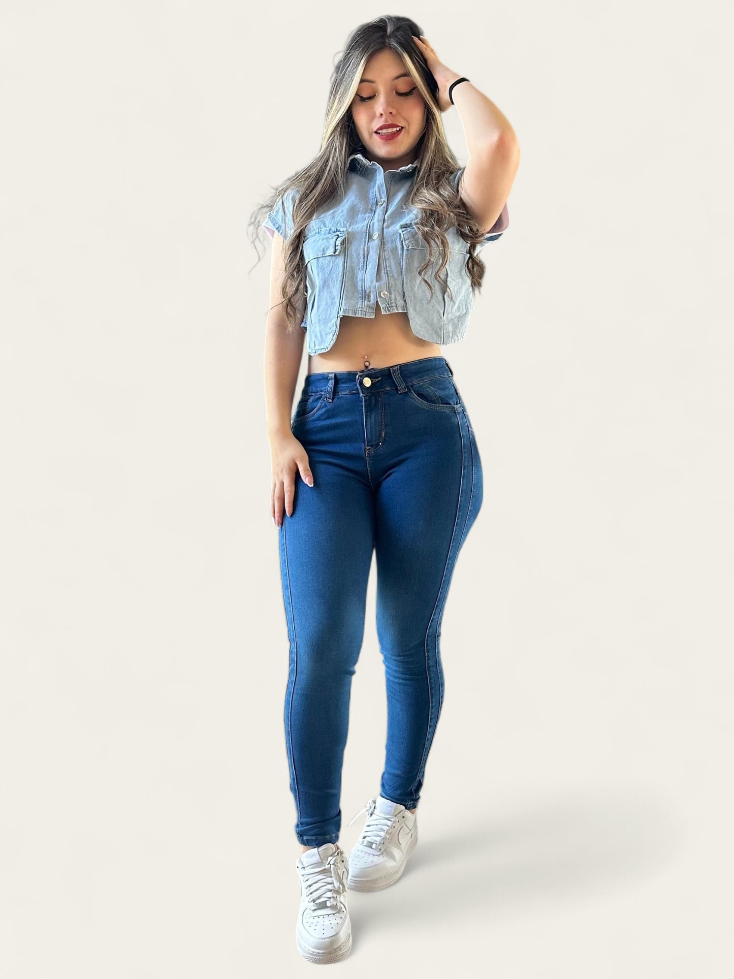 Jean skinny tiro alto mujer strech levanta cola tono azul medio