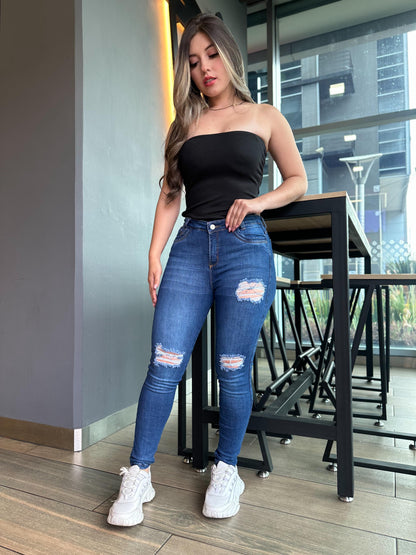 Jean skinny mujer tiro alto levanta cola tono azul oscuro con rotos