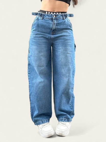 Jean baggy con ajuste de cintura tono azul