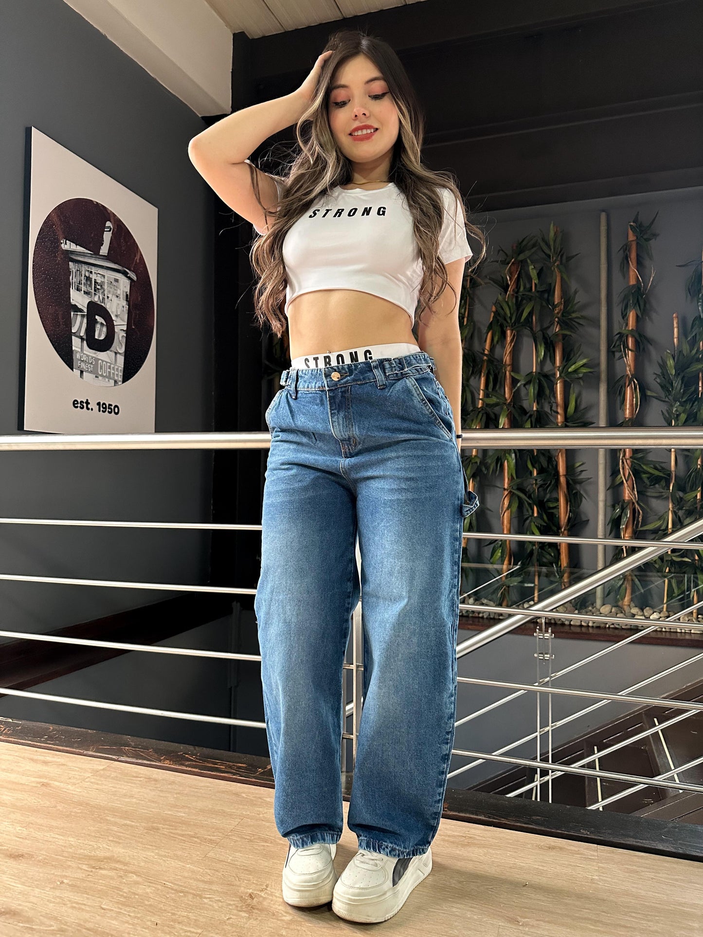 Jean baggy con ajuste de cintura tono azul