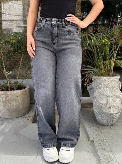 Jean wide leg mujer ajuste cintura tono gris