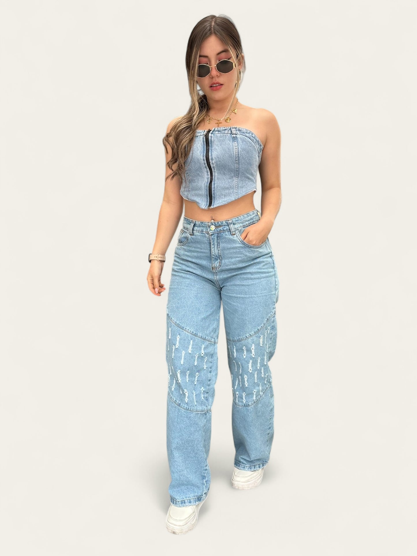 Jean wide leg tono azul claro