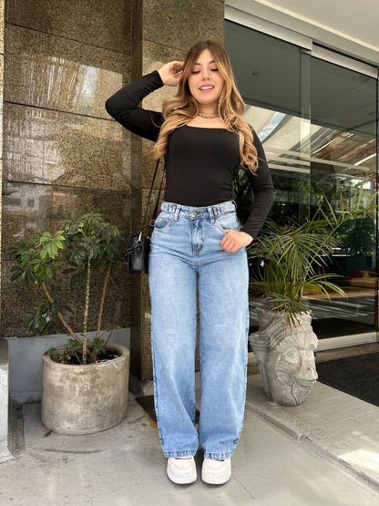 Jean wide leg mujer ajuste cintura tono azul claro
