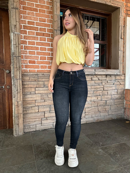 Jean skinny mujer tiro alto levanta cola azul oscuro