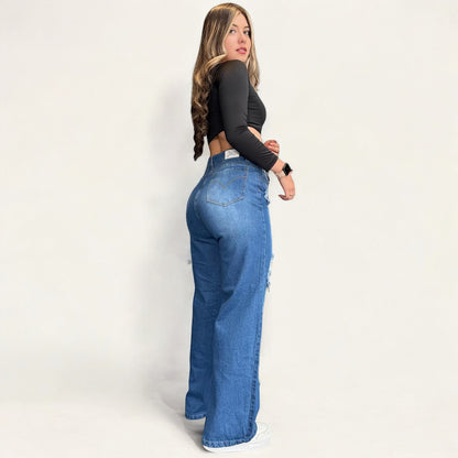 Jean wide leg mujer azul con rotos