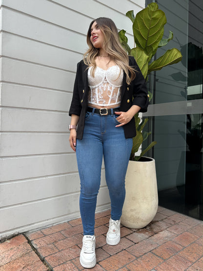 Jean skinny mujer doble costura tiro alto levanta cola azul claro
