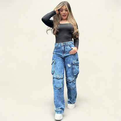 Jean cargo ovalado mujer tono azul fros