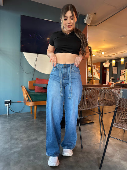 Jean Wide Leg mujer tono azul medio clasico con Correa
