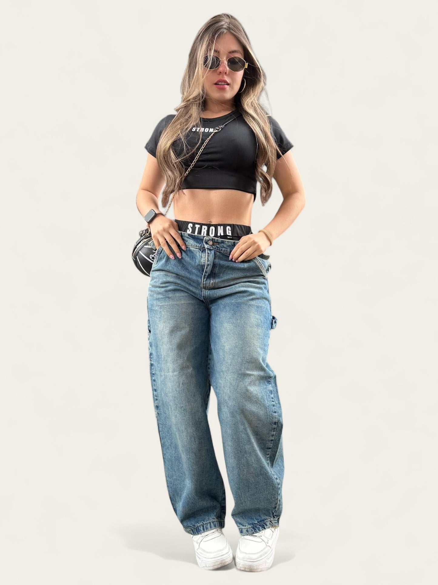 Jean baggy con ajuste de cintura tono verdoso