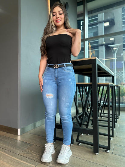 Jean skinny mujer tiro alto levanta cola tono azul claro