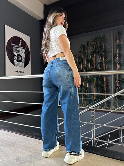 Jean baggy con ajuste de cintura tono azul