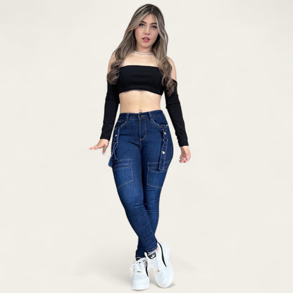 Jean Skinny a cargo Mujer tiro alto Tono azul Clasico