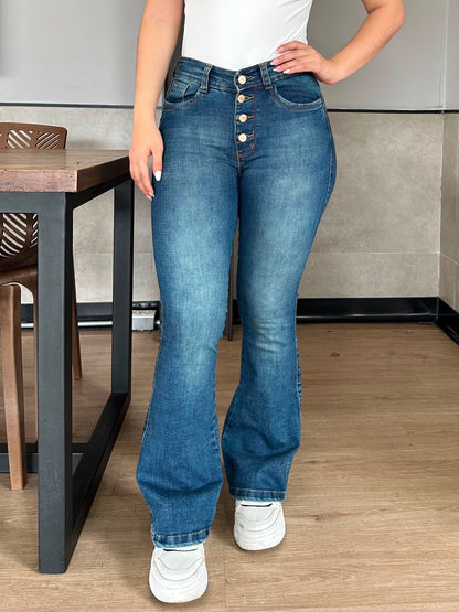 Jean Flare europeo Mujer tiro alto levanta cola tono azul verdoso