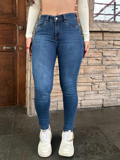 Jean skinny mujer tiro alto levanta cola azul clásico