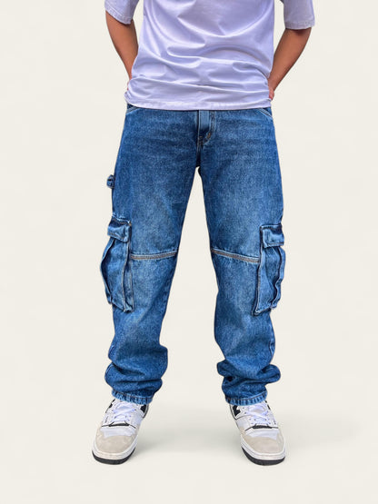 Jean cargo hombre azul medio