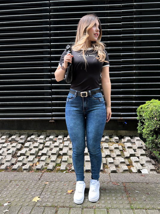 Jean skinny mujer tiro alto levanta cola azul medio