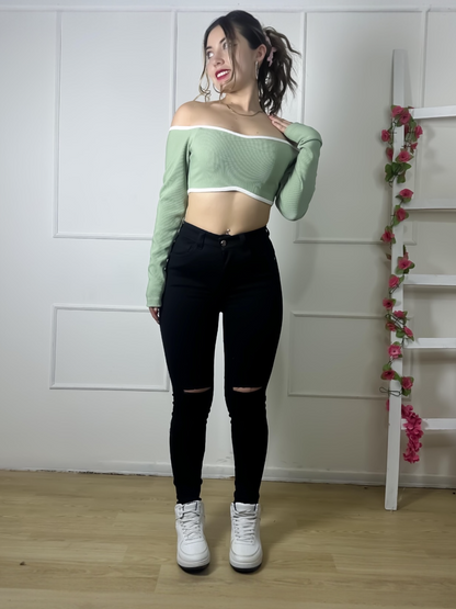 Jean Skinny Mujer stretch tiro alto Negro roto rodilla