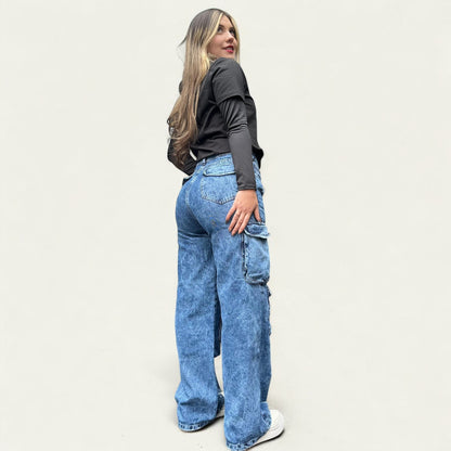 Jean cargo ovalado mujer tono azul fros