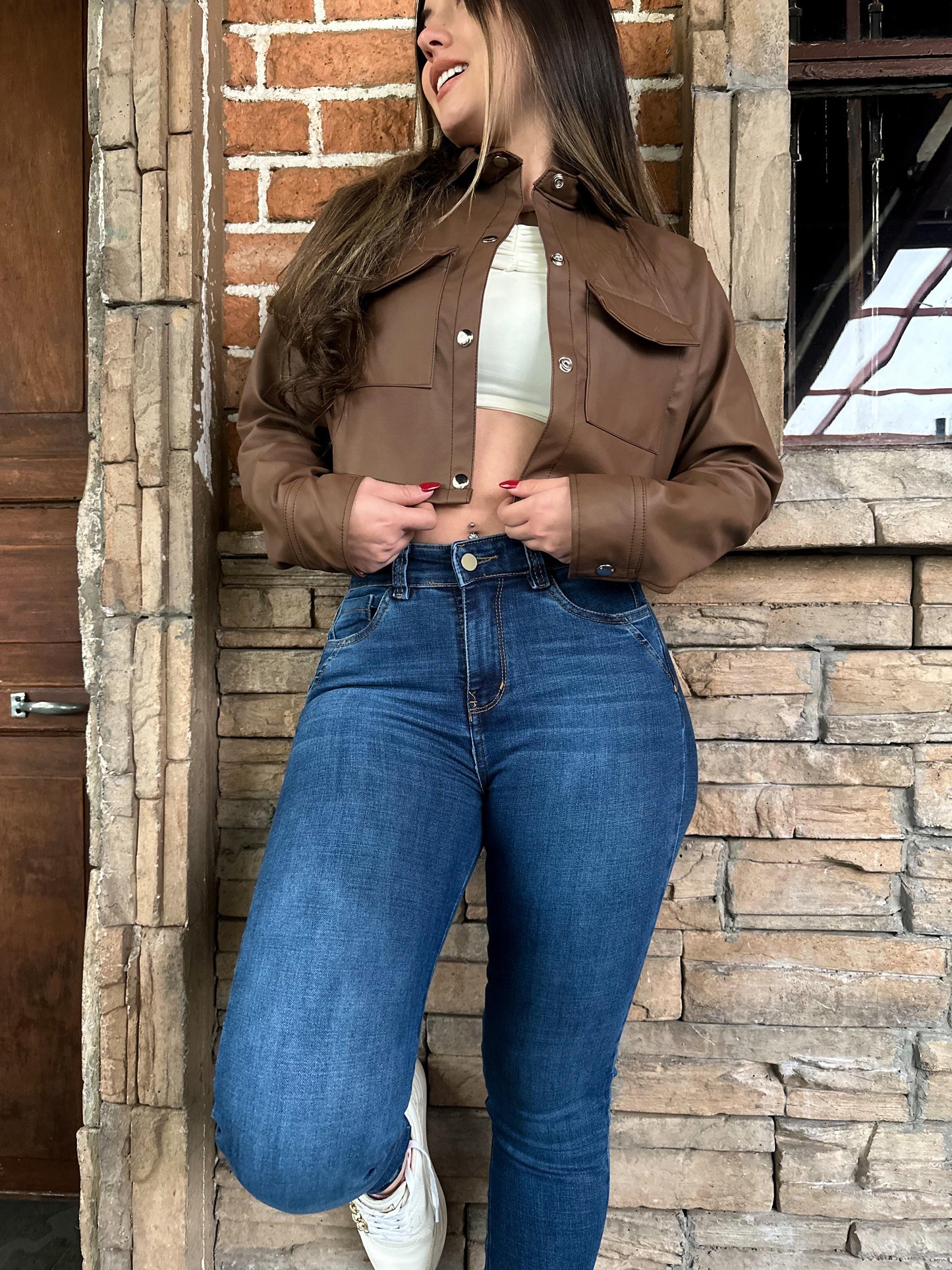 Jean skinny mujer tiro alto levanta cola azul clásico