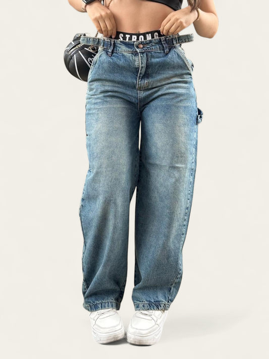 Jean baggy con ajuste de cintura tono verdoso