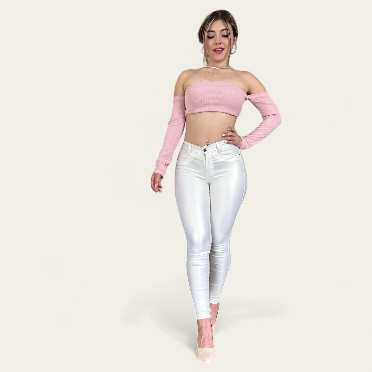 Pantalón skinny Mujer efecto cuero tiro alto tono blanco tornasol