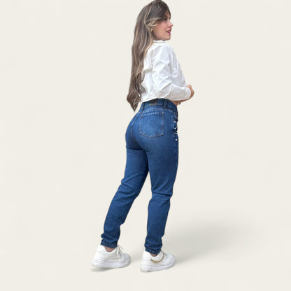 Jean mom fit perlas mujer azul oscuro