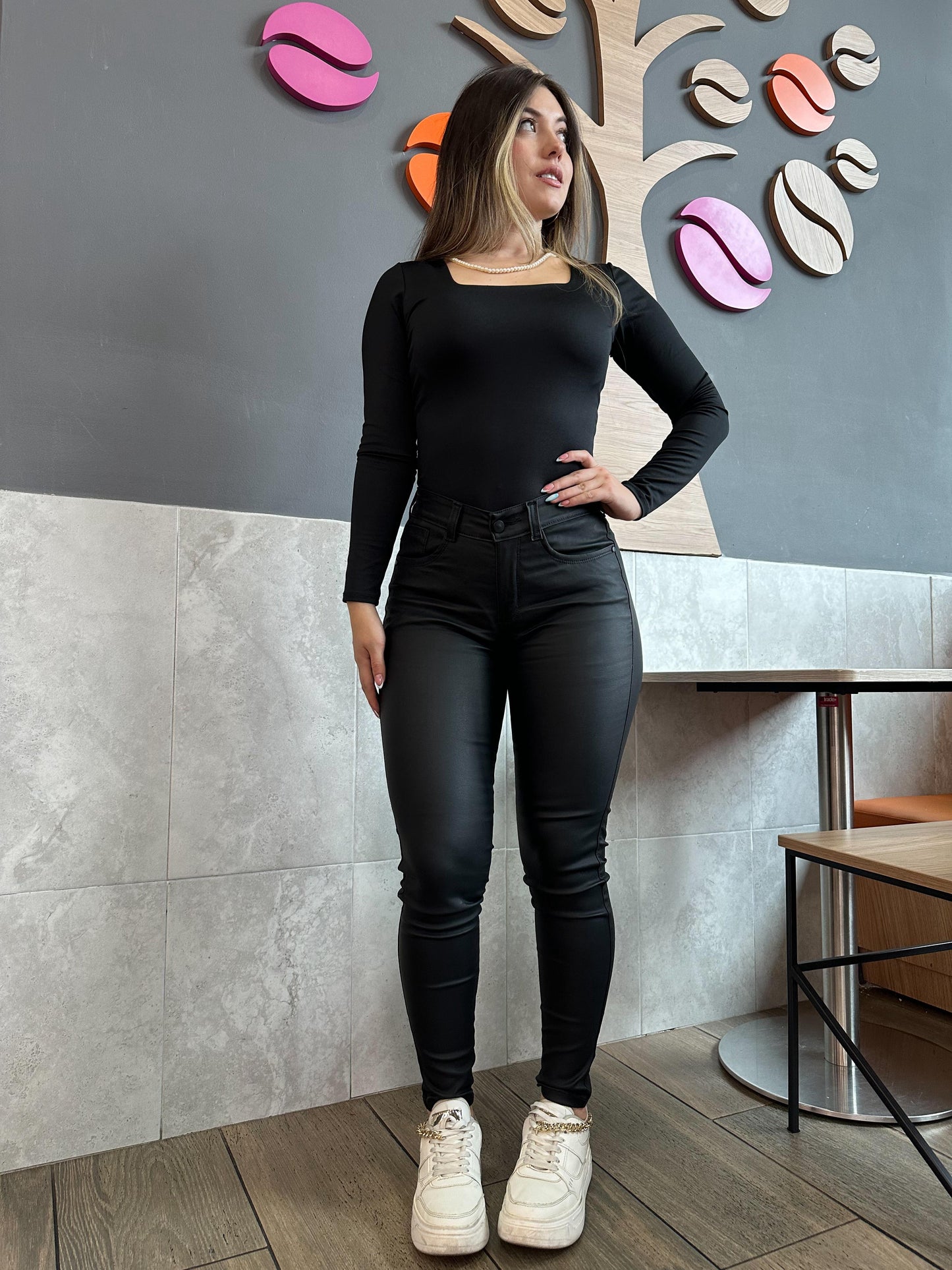 Pantalon Skinny  Mujer tiro alto stretch Efecto cuero