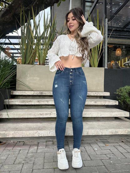 Jean skinny mujer tiro alto levanta cola tono azul oscuro