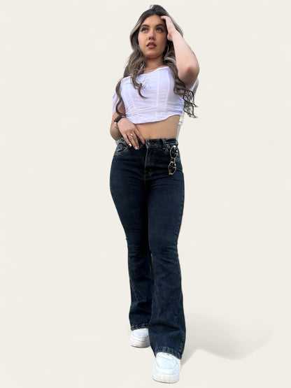 Jean flare mujer tono azul oscuro